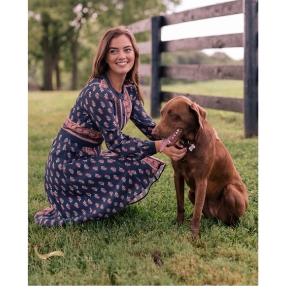 Gal Meets Glam Woodblock Print Midi Dress Size 0 Button Up Long Sleeve Blue - Picture 4 of 13